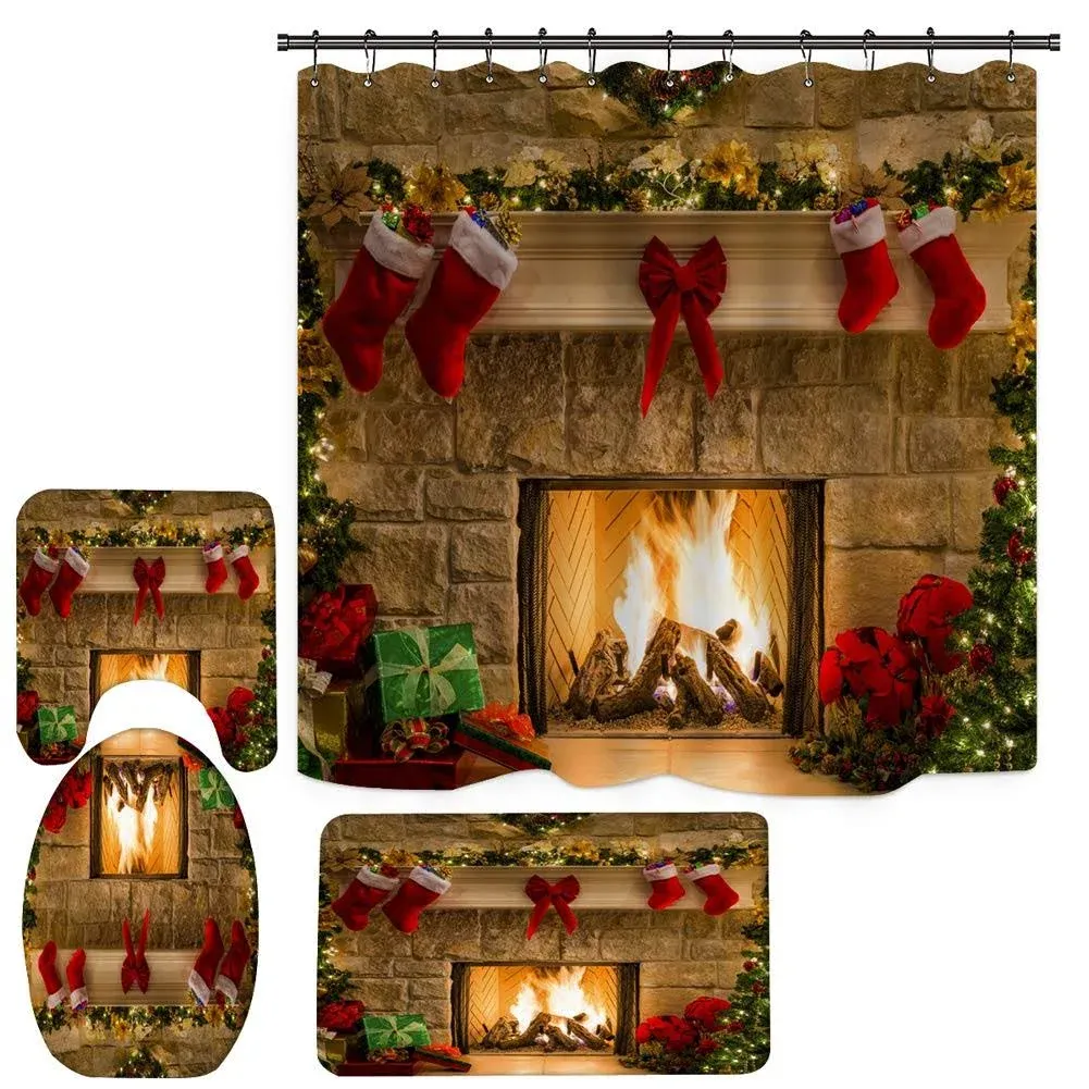 Christmas Fireplace Shower Curtain Set for Bathroom, 4PCS Vintage Christmas Bathroom Sets with Shower Curtain and Rugs, Xmas Eve Stocking Shower Curtain for Restroom 72x72 Inches (G5)