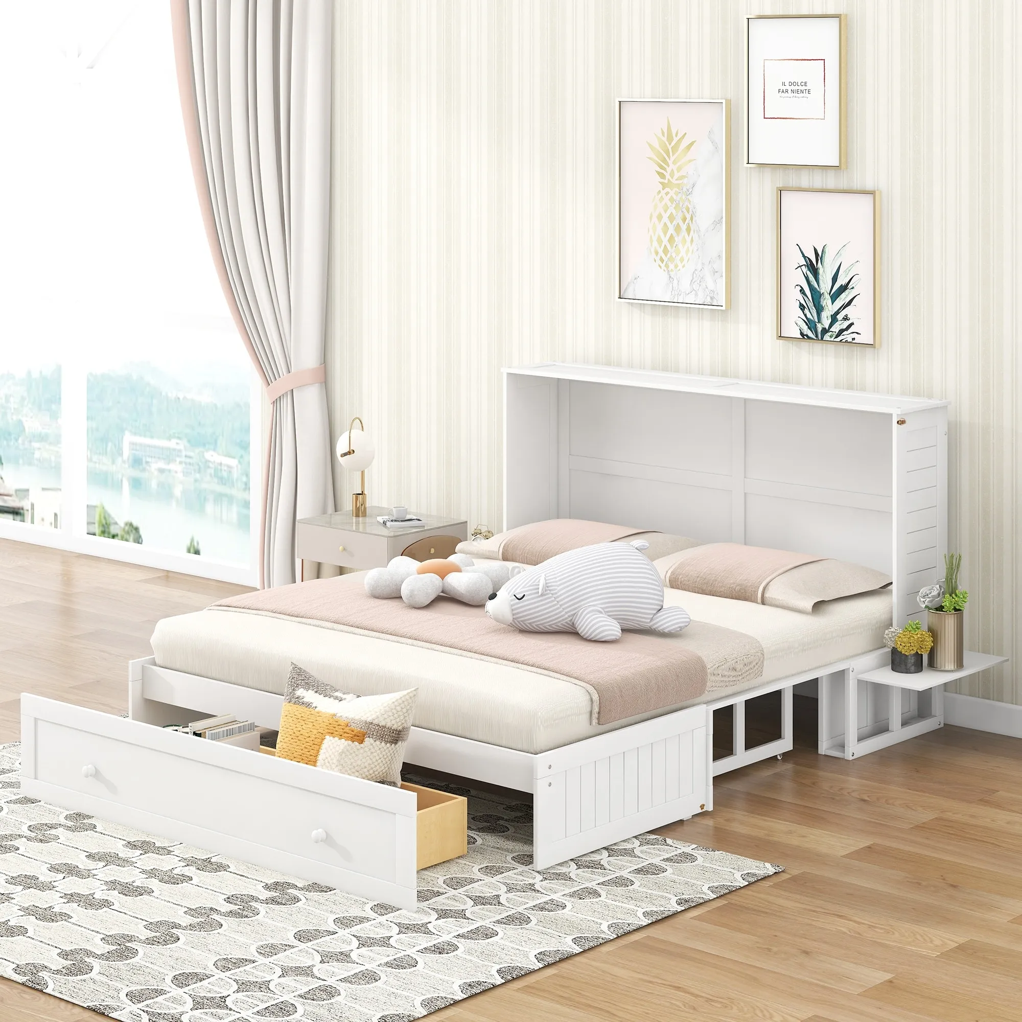 Queen Size Mobile Murphy Bed, Wood Folds Against Kids' Beds with Drawer and Shelves