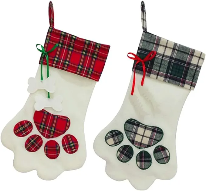 SherryDC Dog Cat Paw Christmas Stockings Set of 2, Plush & Plaid Hanging Socks for Holiday and Christmas Decorations