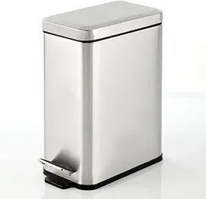 mDesign Slim Metal Rectangle 2.6 Gallon Trash Can with Step Pedal, Easy-Close Lid, Removable Liner - Narrow Wastebasket Garbage Container Bin for Bathroom, Bedroom, Kitchen, Office - Brushed Chrome