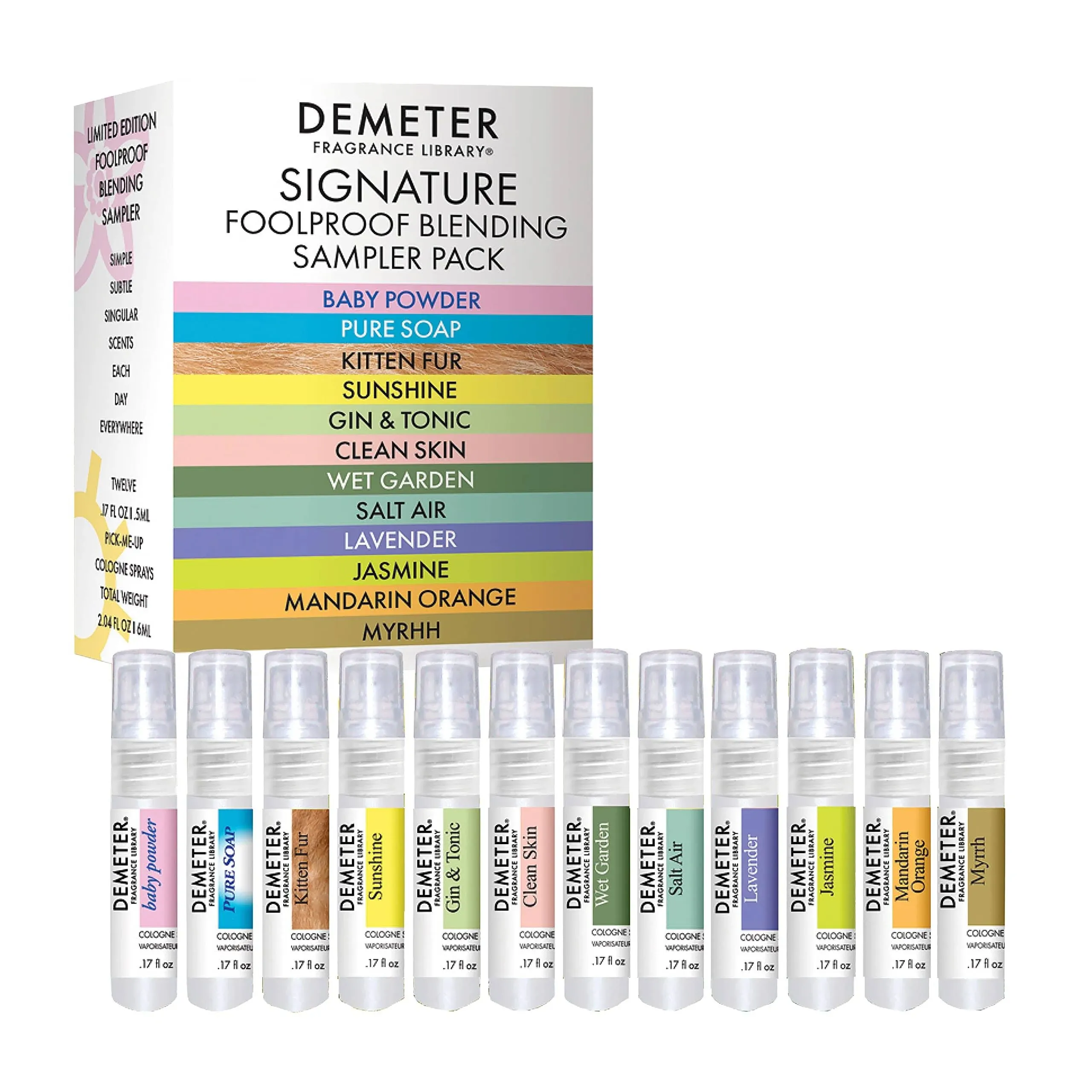 DEMETER Fragrance's Signature Foolproof Blending Perfume Sampler Set of 12 - Baby Powder - Pure Soap - Kitten Fur - Sunshine - Gin & Tonic - Clean Skin - Wet Garden - Salt Air - Lavender - & More