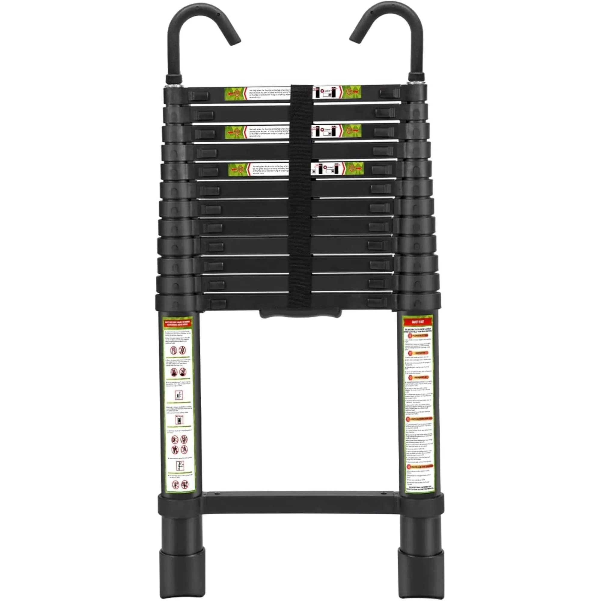 RIKADE Telescopic Ladder 12.5ft Aluminum with Non-Slip Feet and Stable Hook, 330lb Capacity Black