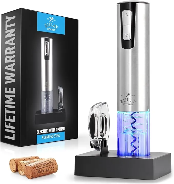 Silver Electric Wine Bottle Opener with Charging Base & Foil Cutter