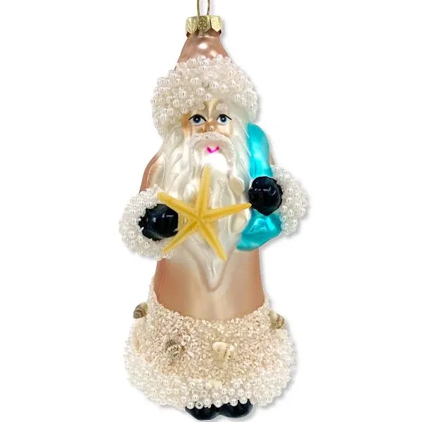 Beach Santa Ornament  Blown Glass Coastal Christmas Tree Shells and Starfish