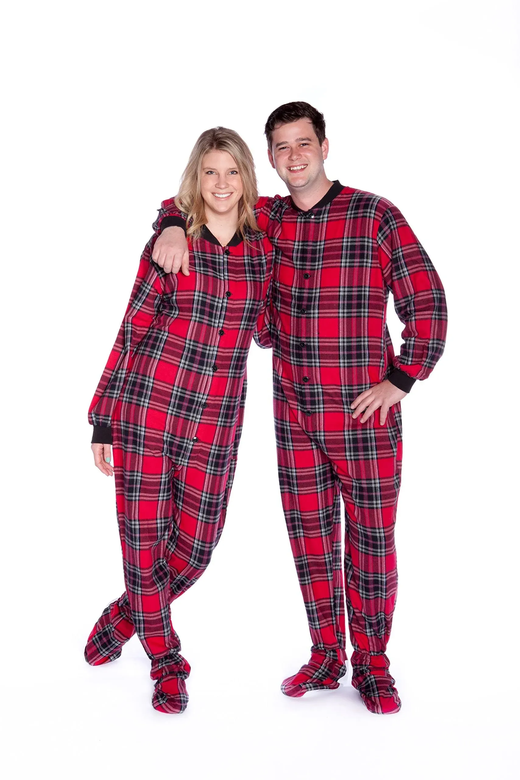 Big Feet Pjs Red & Black Plaid Cotton Flannel Adult Footie Footed Pajamas w/ Drop Seat Xs