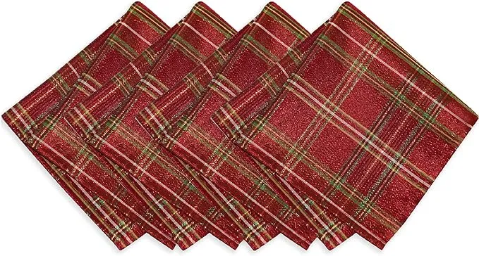 Elrene Home Fashions Shimmering Plaid Holiday Cloth Napkins, Set of 4, 17 Inches x 17 Inches, Red