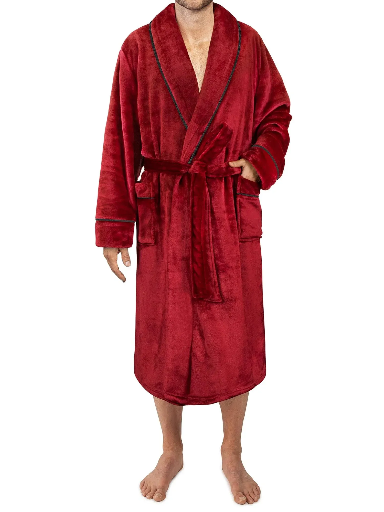 Pavilia Mens Robe, Soft Robe for Mens, Fleece Warm Long Bathrobe for Bath Shower Spa with Shawl Collar and Pockets