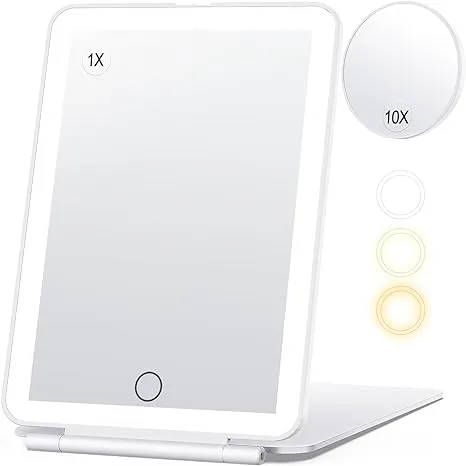 Rechargeable Makeup Mirror for Travel, Vanity Mirror Touch Dimming with 10X Magnifying Mirror, 3 Color Light 80Led, 2000mAh Battery, Portable Ultra Slim Folding Lighted Makeup Mirror, Travel Essential