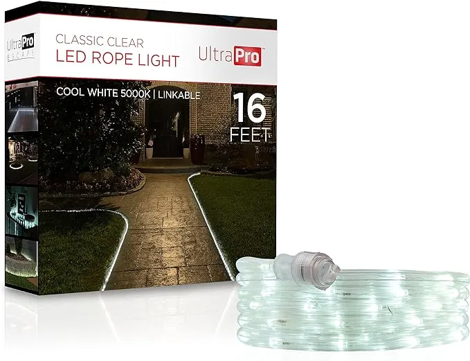 UltraPro LED Rope Lights, 16ft Classic Clear Rope, Cool White Light 5000K, Indoor/Outdoor, Flexible, Linkable, Durable, Rope Lights Outdoor, 54842