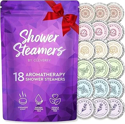 Cleverfy Shower Steamers Aromatherapy - Christmas Stocking Stuffers for Teens, Gifts for Women and Men - 18 Pack of Shower Bombs with Essential Oils for Self Care and Luxuriate Home Spa. Purple Set