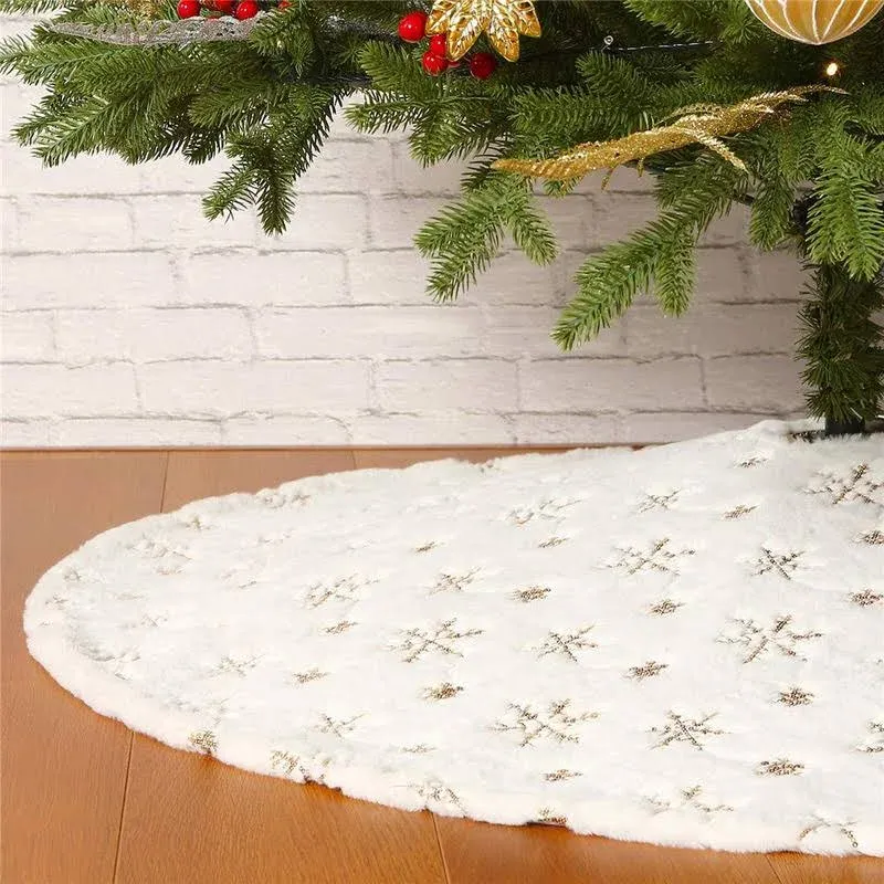 Christmas Sequin Tree Skirt 36in,White Soft Thick with Golden Snowflakes Deco...