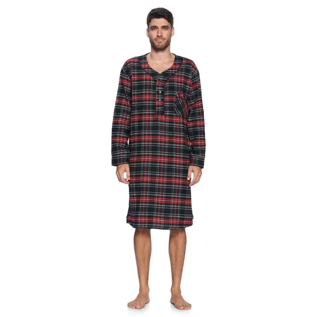 Ashford & Brooks Mens Flannel Plaid Long Sleep Shirt Henley Nightshirt, Black Stewart, X-Large