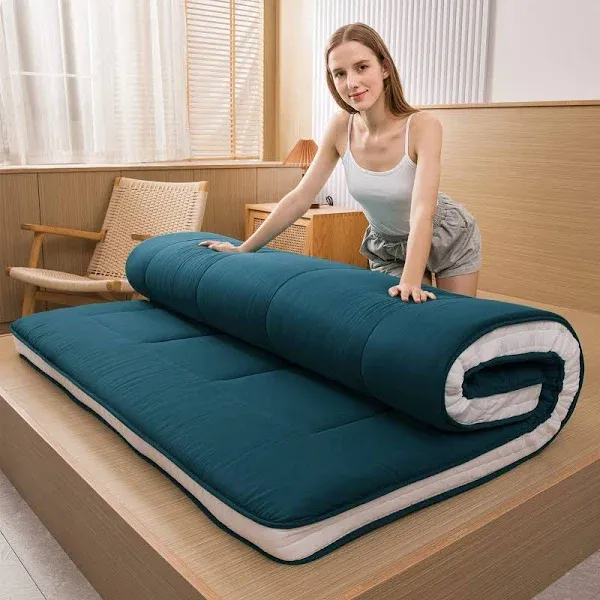 MAXYOYO Futon Mattress, Padded Japanese Floor Mattress Quilted Bed Mattress Topper, Extra Thick Folding Sleeping Pad Breathable Floor Lounger Guest Bed for Camping Couch, Bluestone, Twin Size