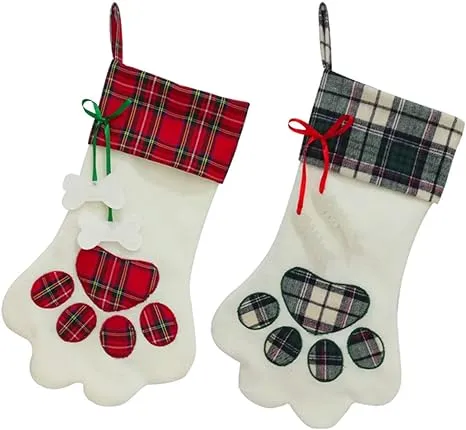 SherryDC Cat Paw Christmas Stockings, Plush & Plaid Hanging Socks for Holiday and Christmas Decorations