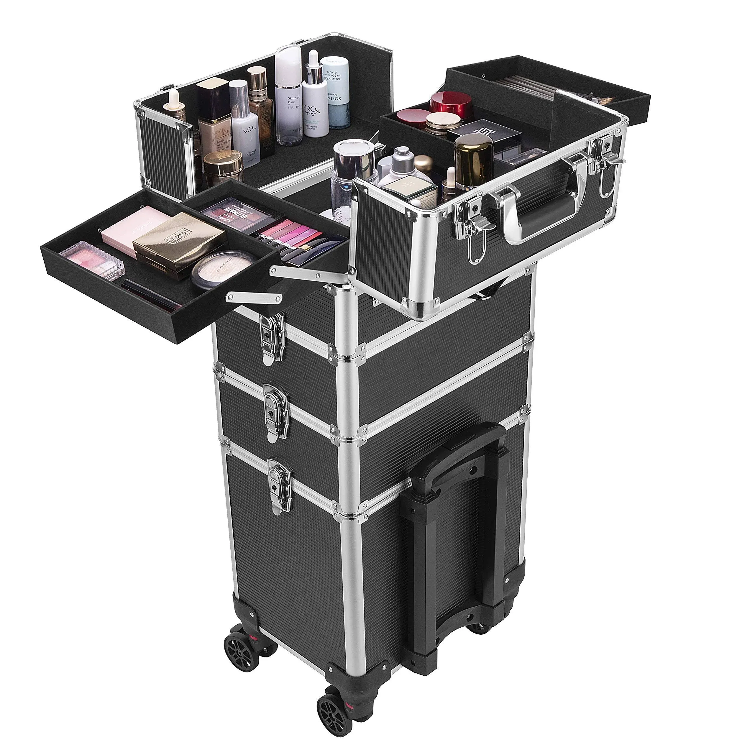 VIVOHOME 4 in 1 Rolling Makeup Train Case Aluminum Black