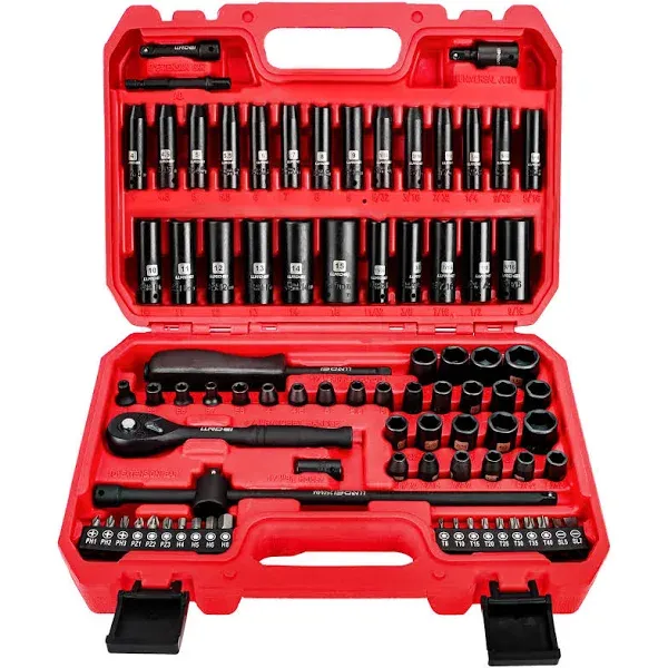 1/4 Inch Drive Impact Socket Set, 83Pcs Socket Wrench Set Metric & SAE from 4-15mm, 5/32-9/16", 6 Point CR-V Deep & Shallow Sockets Kit with 72T Ratchet Handle, E Torx, for Automotive & Home