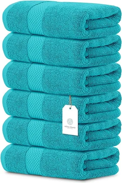 White Classic Luxury Hand Towels | Cotton Hotel spa Bathroom Towel | 16x30 | 6 Pack | Aqua