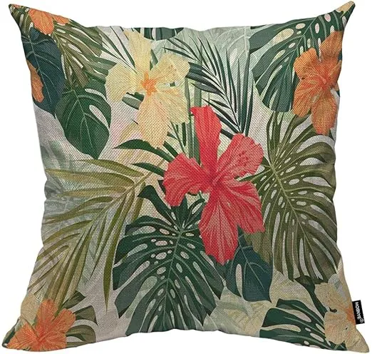 HOSNYE Hibiscus Flowers Throw Pillow Case Cushion Covers Summer Colorful Hawaiian Tropical Plants Palm Leaf Cotton Linen for Couch Bed Sofa Car Waist 20 x 20 inch