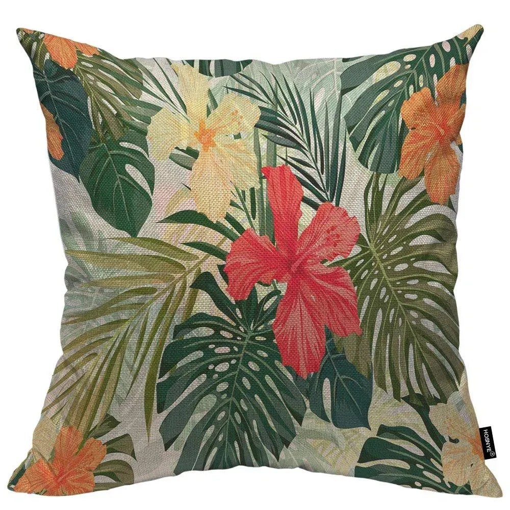 HOSNYE Hibiscus Flowers Throw Pillow Case Cushion Covers Summer Colorful Hawaiian Tropical Plants Palm Leaf Cotton Linen for Couch Bed Sofa Car Waist 20 x 20 inch