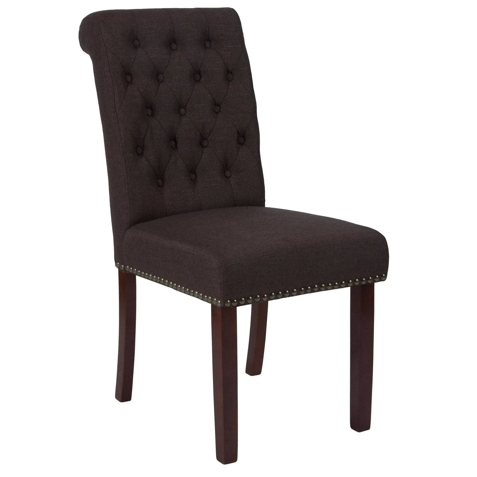 Hercules Series Parsons Chair with Rolled Back Accent Nail Trim Brown Fabric