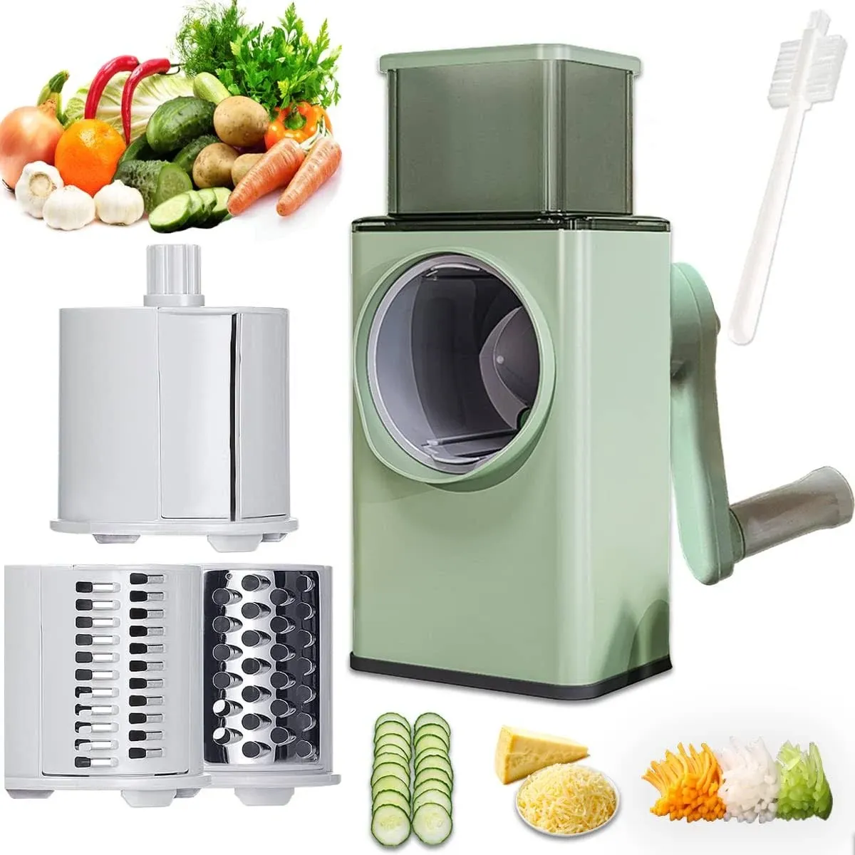 Manual Rotary Cheese Grater Shredder with Wider Hopper 3 Interchangeable Blades Round Mandolin Drum Slicer Julienne Grinder for Cheese, Vegetables,