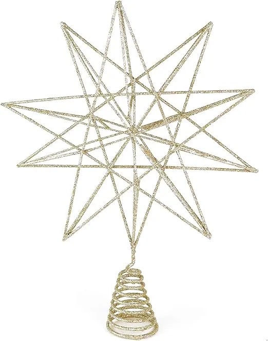 Ornativity Glitter Star Tree Topper - Christmas Sparkly Metal 3-D Dimensional Hallow Wire Star Xmas Tree Top Decor Ornament Decorations for Trees 13"