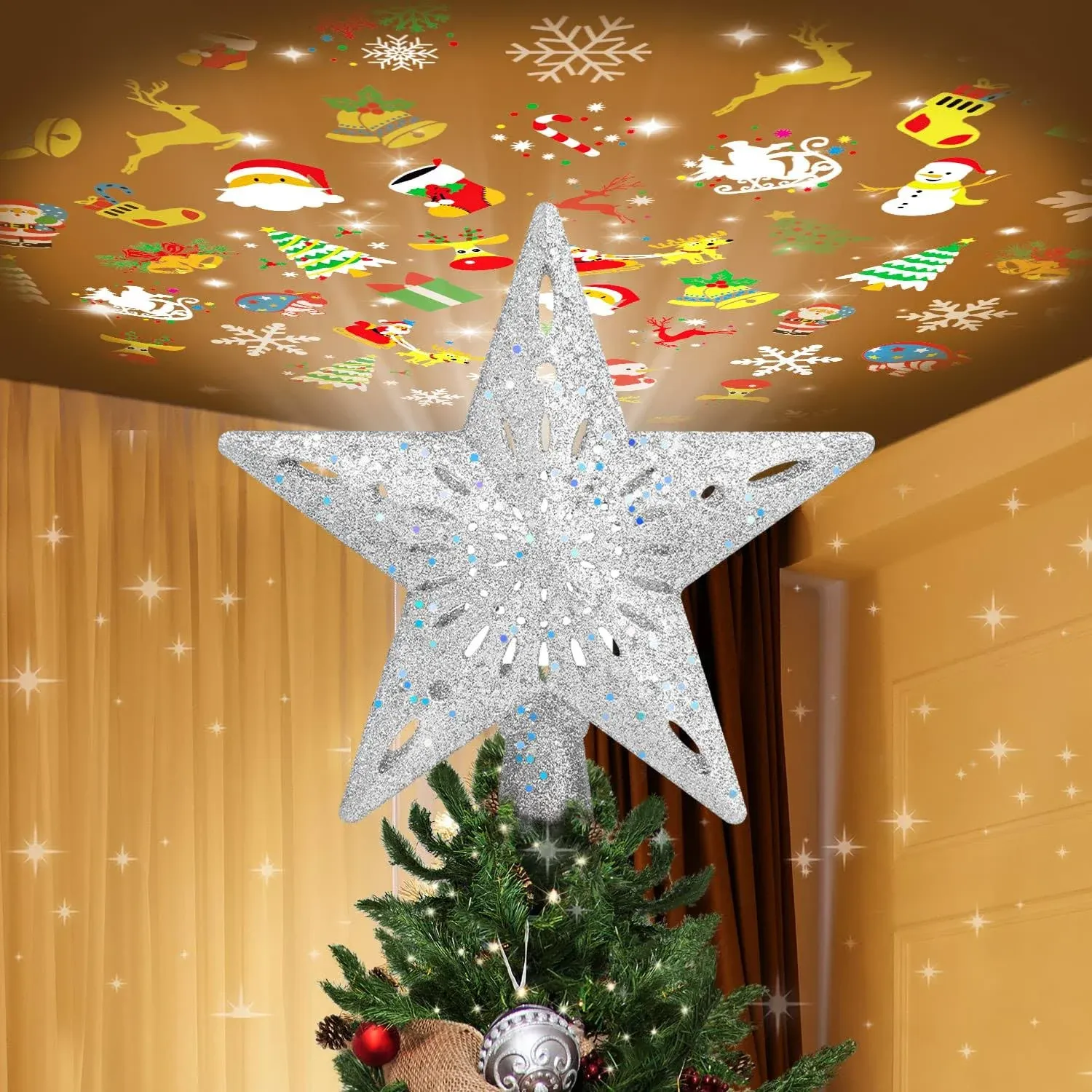 Christmas Tree Topper Lighted with 6 Projection Slides, PliMook Christmas Star ...