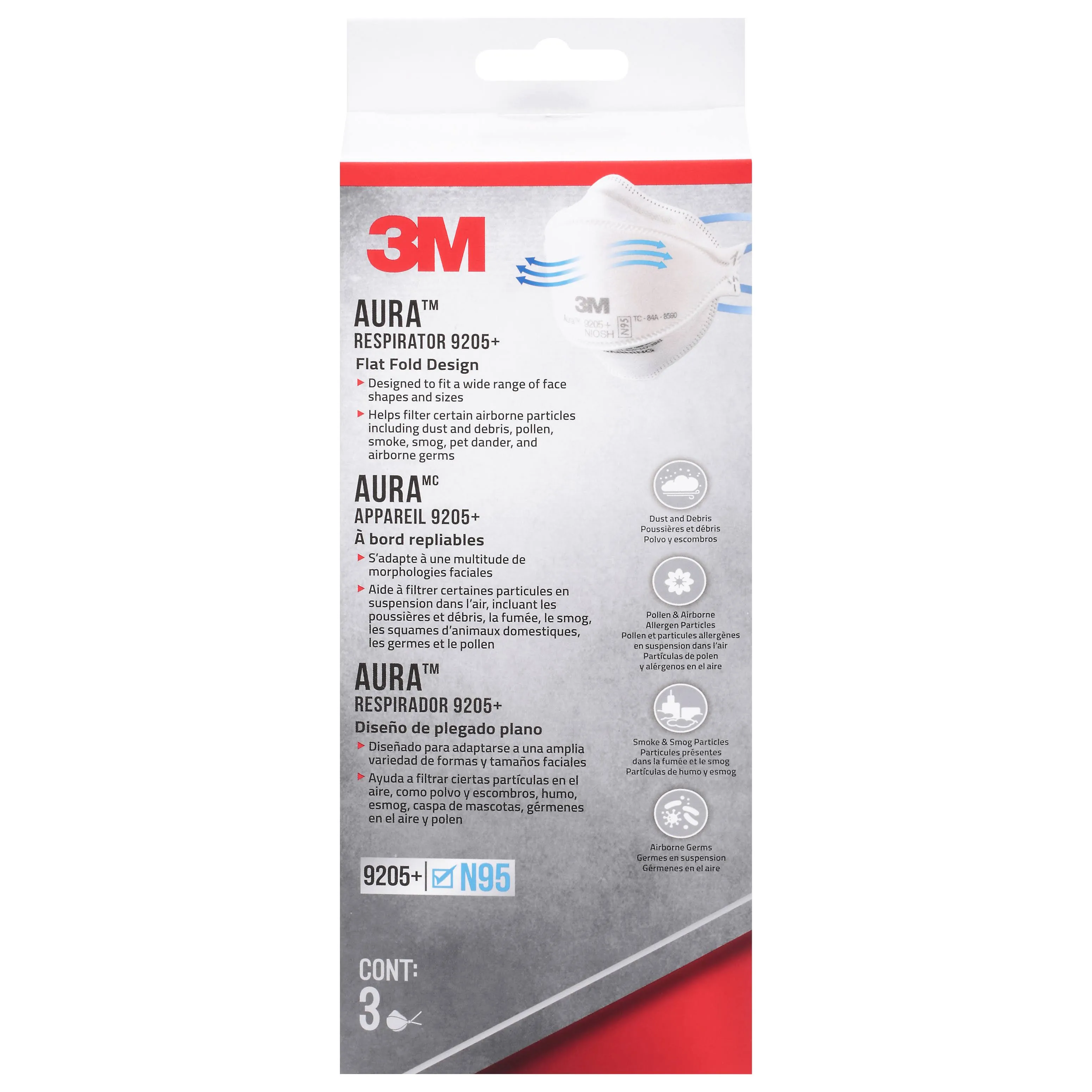 3M Aura Particulate Respirator 9205+ N95, 3-Pack