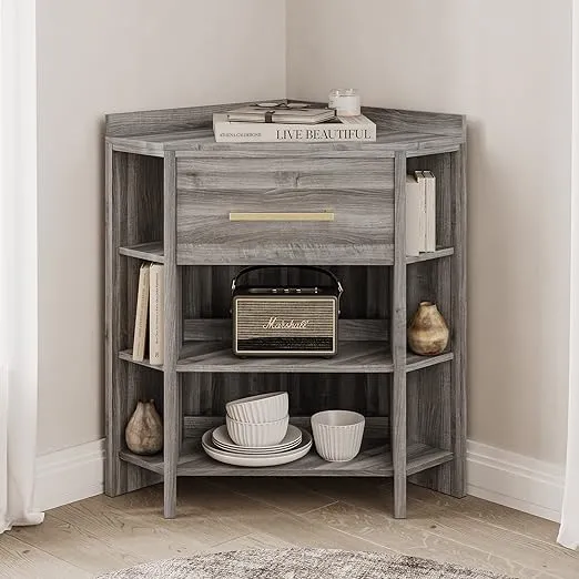 Corner Cabinet with Power Strip, 1 Storage Drawer and 8 Shelves, Gray - Farmhouse - Storage Cabinets - by OneBigOutlet | Houzz