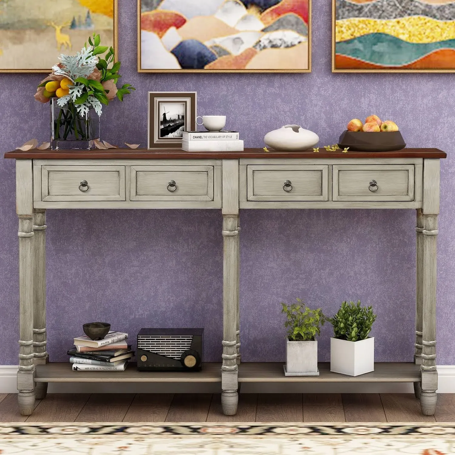 Console Table Sofa Table with Storage for Entryway with Drawers and Shelf(Antique ...