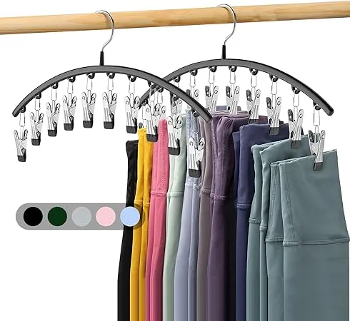 Legging Organizer for Closet, Metal Yoga Pants Hangers 4 Pack w/10 Clips Holds 40 Leggings, Space Saving Hanging Closet Organizer w/Rubber Coated Closet Organizers and Storage, Green