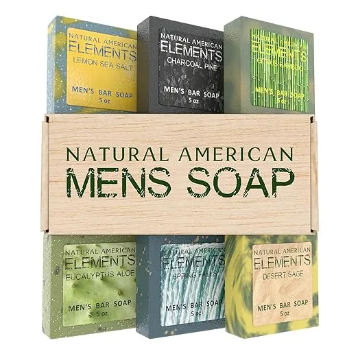 NATURAL AMERICAN Mens Organic Bar Soap, Masculine Scents, 100% Natural Soap for Men - Essential Oils, Organic Shea Butter Natural Body Soap, Natural Bar Soap for Men - ELEMENTS Body Soap 5 oz (6pk)