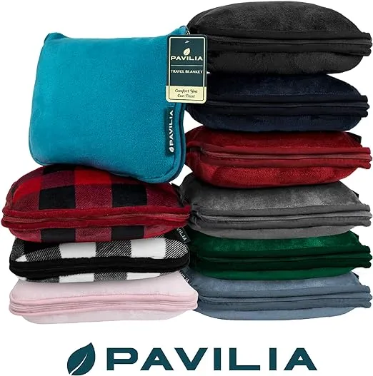 PAVILIA Travel Blanket Pillow, Soft Airplane Blanket 2-in-1 Combo Set, Plane Blanket Compact Packable, Flight Essentials Car Pillow, Travelers Gifts Accessories, Luggage Backpack Strap, 60x43 Red