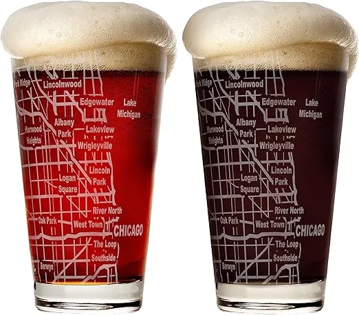 Greenline Goods Beer Glasses - 16 oz Drinkware Set for Chicago lovers - Set of 2 - Etched with Chicago, IL Map | Premium Decorative Glassware