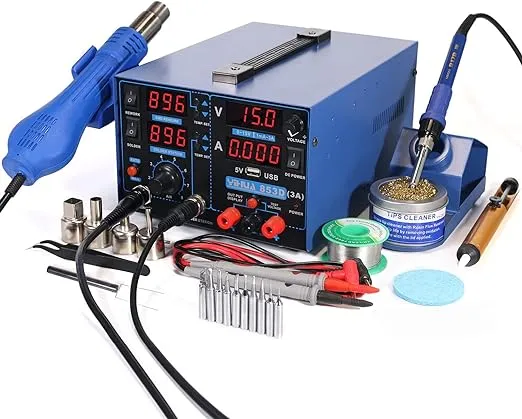 YIHUA 853D USB 3A-Three Tools- Soldering Station, Hot Air Rework Station and Power Supply 0~3A, 0-15V with output and test modes. Also ºC/°F display, Digital Cal, Sleep Function