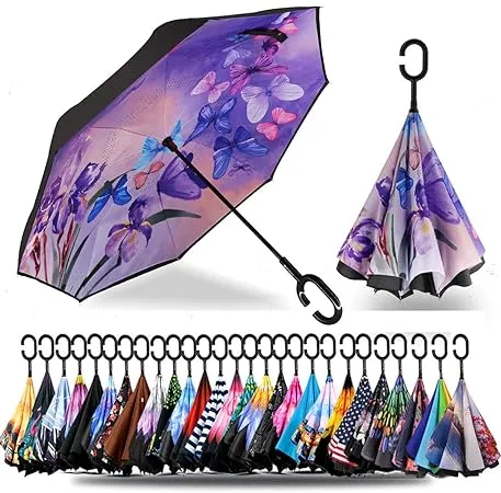 SPAR. SAA Double Layer Inverted Umbrella with C-Shaped Handle, Anti-UV Waterproof Windproof Straight Umbrella for Car Rain Outdoor Use