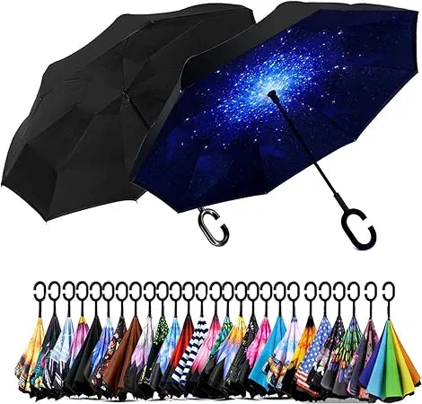 Spar. Saa Double Layer Inverted Umbrella with C-Shaped Handle, Anti-UV Waterproof Windproof Straight Umbrella for Car Rain Outdoor Use the Beach