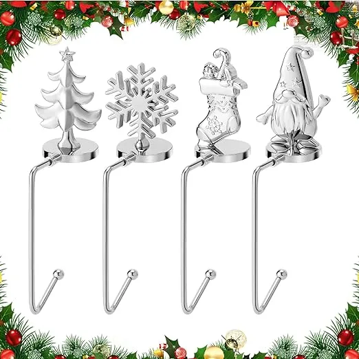 Christmas Stocking Holders for Mantel Set of 4, Non-Slip Adjustable Mantle Stocking Holders, Reindeer Snowflake Snowman Pine Tree Fireplace Stocking Hangers Set for Party Christmas Decorations