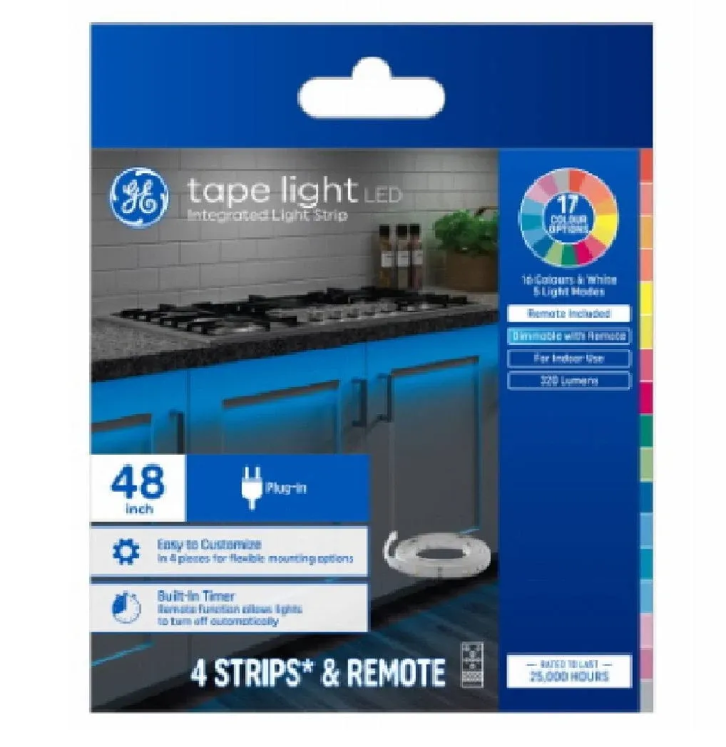 GE LED Tape Light Color Changing Plug-In Light Fixture with Remote, No App or Wi-Fi Required, 12in (4 Pack)