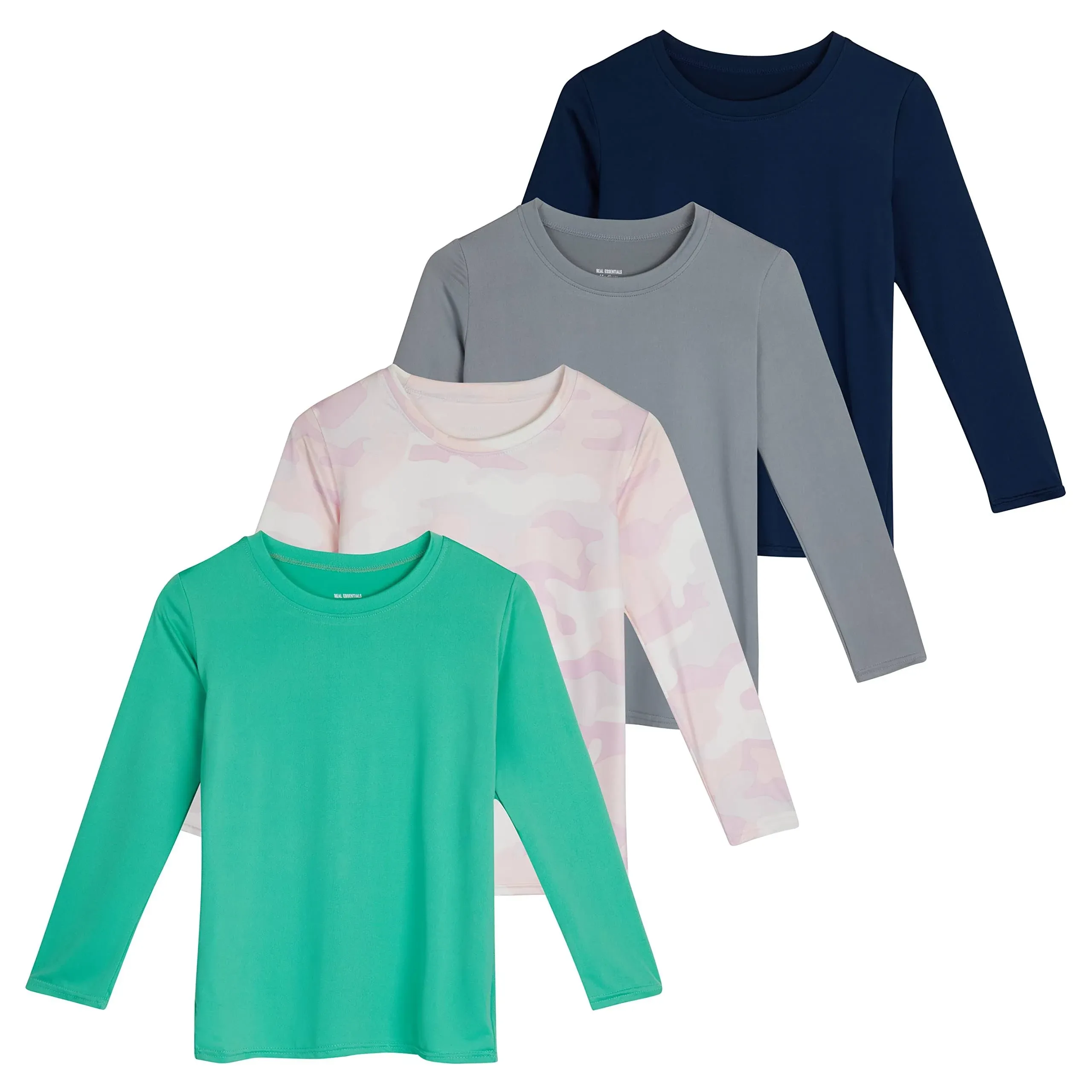 Real Essentials 4 Pack: Girls Dry-Fit Long Sleeve Active Crew Neck T-Shirt - Super Soft Tee