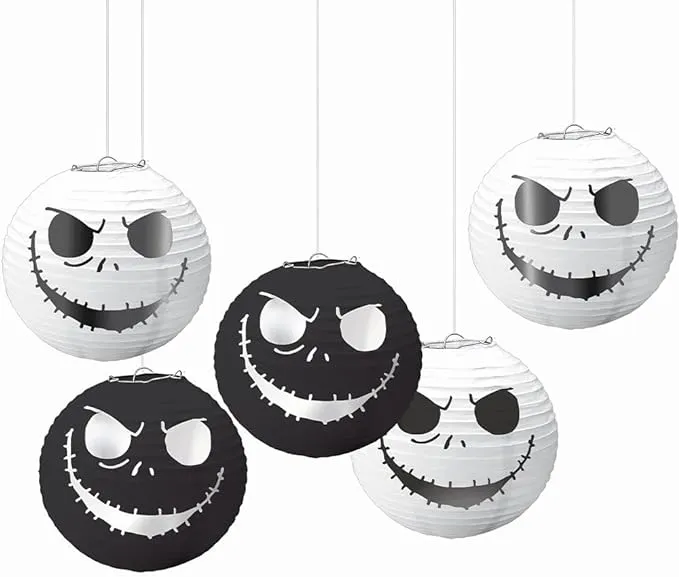 ?Disney Tim Burton's Nightmare Before Christmas Mini Lanterns - (5") Pack of 5 - Black & White Foil Hot-Stamp - Perfect Party Decor for Halloween & Festive Atmosphere