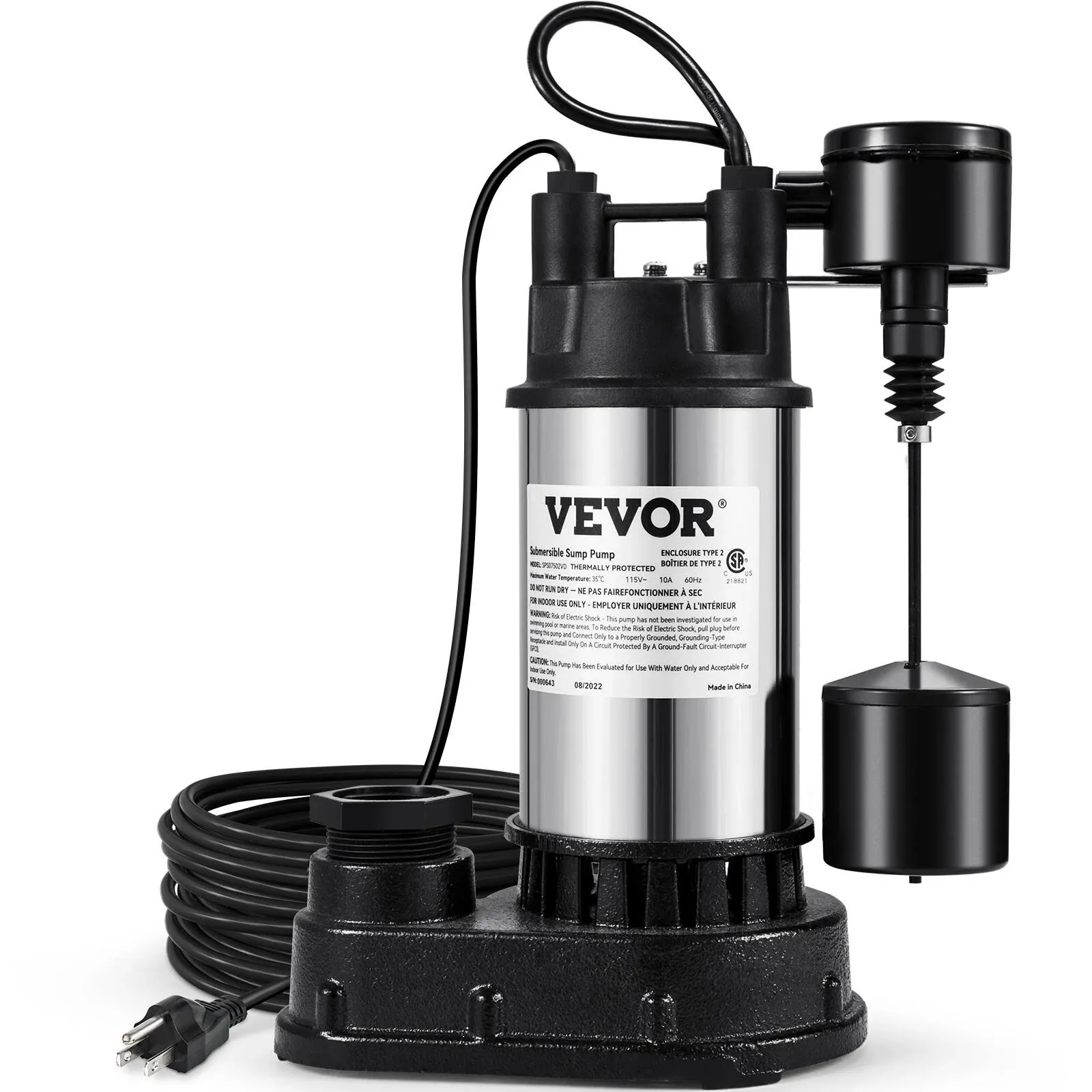 VEVOR 1.5 HP Submersible Cast Iron and Steel Sump Pump, 6000 GPH Submersible ...