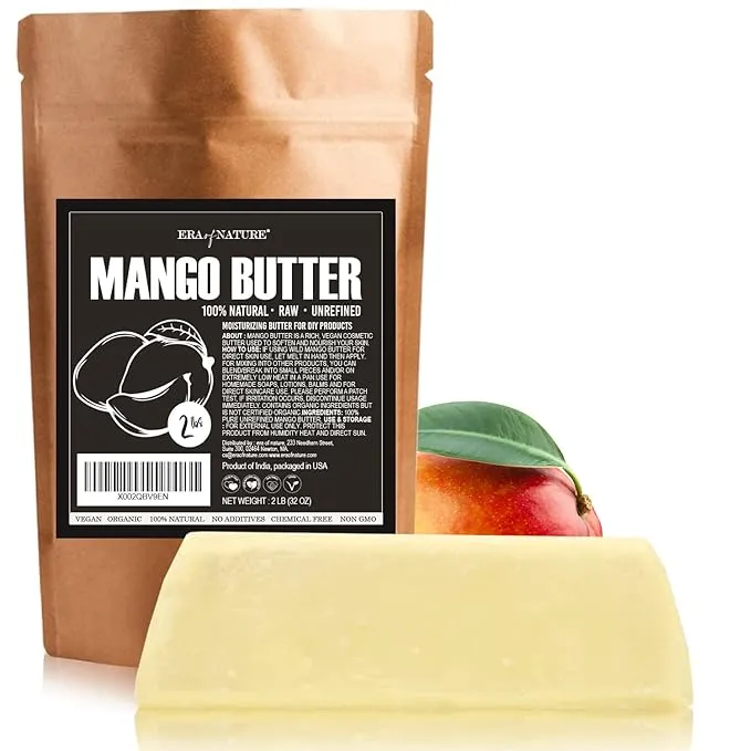 Era of nature Organic Unrefined Raw Mango Butter Block Bulk, Skin Moisturizing, Use Alone or in DIY Body Butters, Soaps, Lotions and lip balm