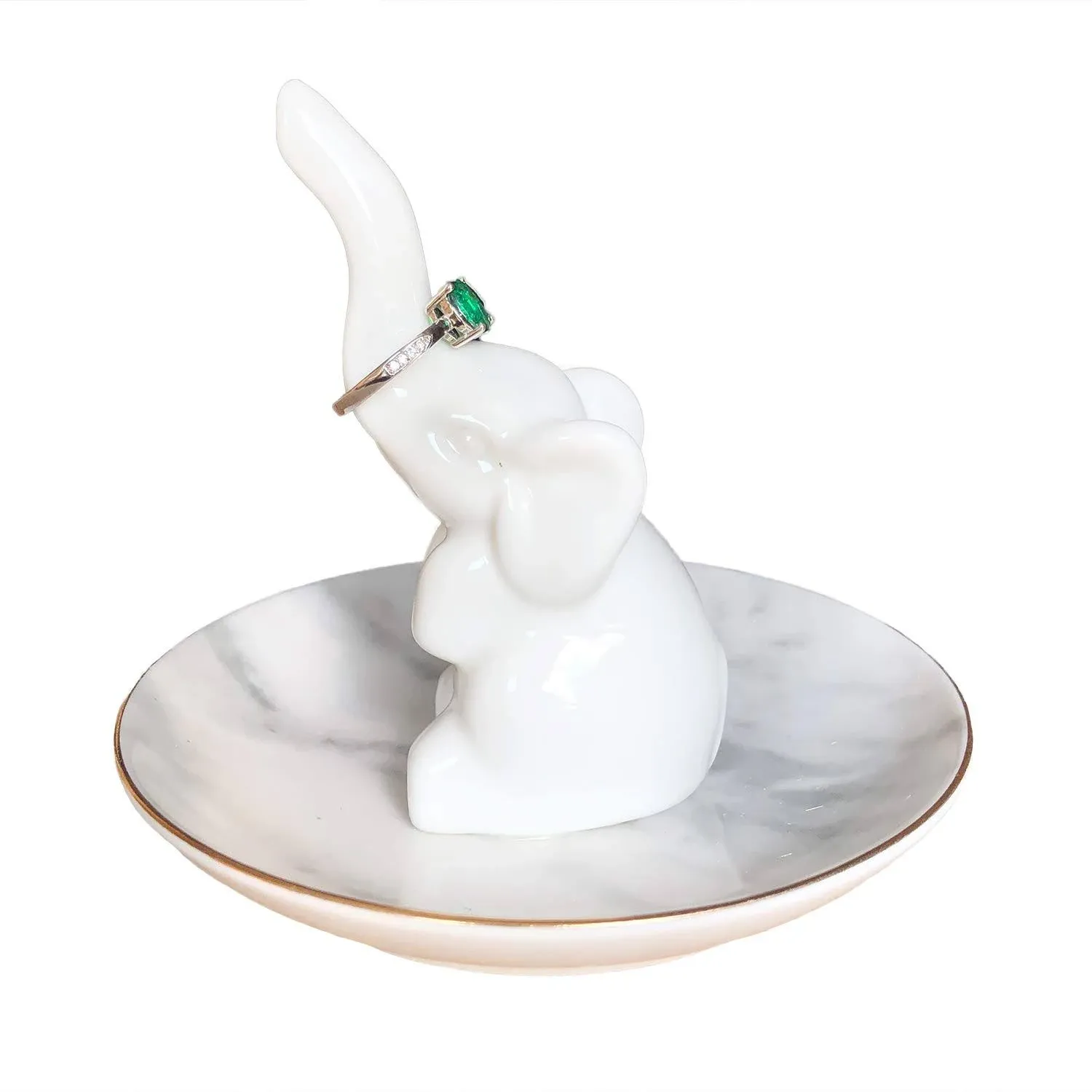 HOME SMILE White Elephant Ring Holder with Marble Pattern Dish