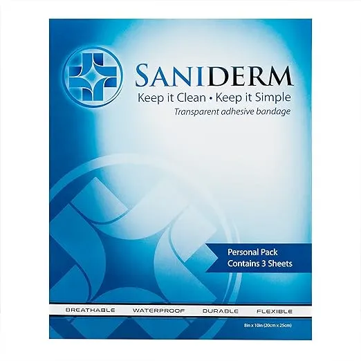 Saniderm Tattoo Aftercare Bandage, Breathable Waterproof Bandages, Sanitary Transparent Adhesive Wraps, Protect and Heal Tattoos, 3 Pre-Cut 8 x 10 Inch Sheets