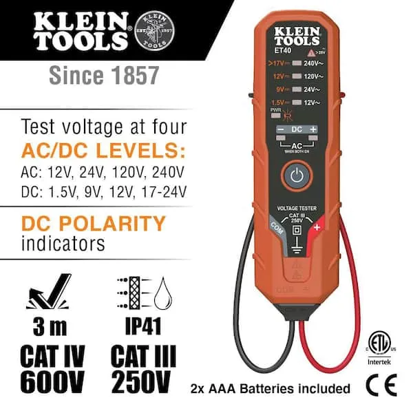 Klein Tools ET40 Digital AC/DC Voltage Tester, 12-240V AC, 1.5-24V DC, LED Illumination, DC Polarity, Auto Off, CATIII 250V-Class 2- Double Insulation, IP4 Dust and Water ResistantKlein Tools ET40 Digital AC/DC Voltage Tester, 12-240V AC, 1.5-24V DC, LED