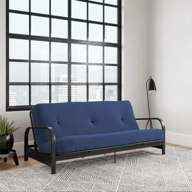 DHP Cleo Black Metal Arm Full Size Futon Frame with 6” Blue Mattress