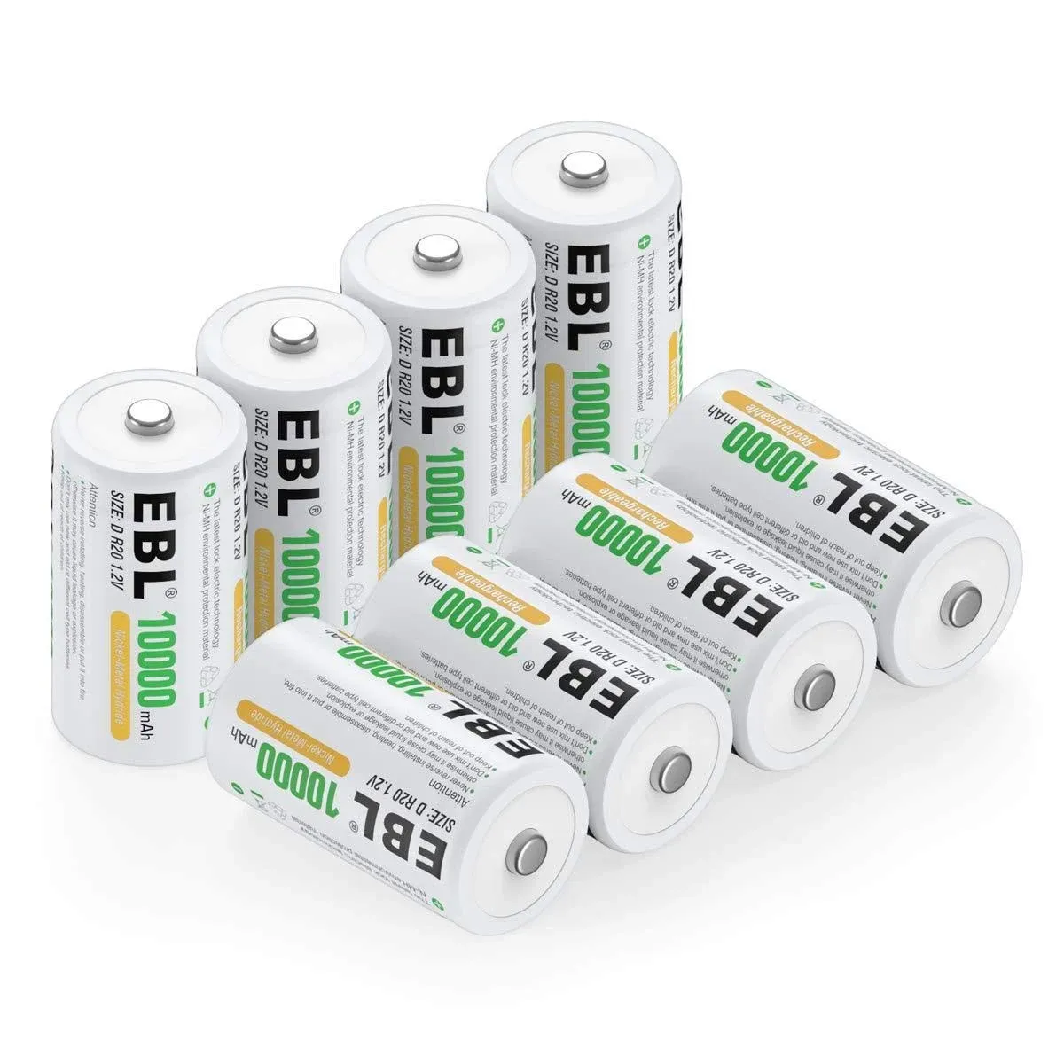 EBL Pack of 8 10000mAh Ni-MH D Cells Rechargeable Batteries, Battery Case Inc...