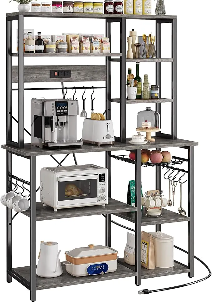 SUPERJARE Large Bakers Rack with Power Outlets, 6-Tier Microwave Stand, Coffee Bar with 12 S-Shaped Hooks, Kitchen Shelf with Wire Basket, 39.3 x 15.5 x 66.9 Inches, Charcoal Gray