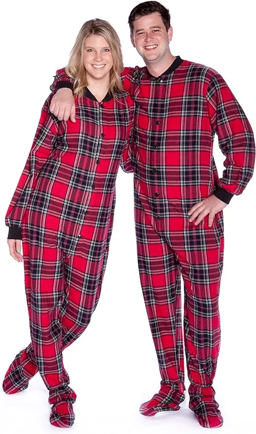 BIG FEET PAJAMA CO. Plaid Cotton Flannel Adult Footie Onesie Drop seat Pajamas for Men and Women